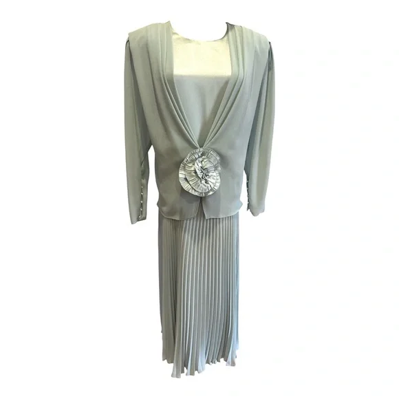 80s URSULA OF SWITZERLAND BLUE CHIFFON & SATIN DRESS W MICRO PLEAT SKIRT SZ 14W - Picture 4 of 7